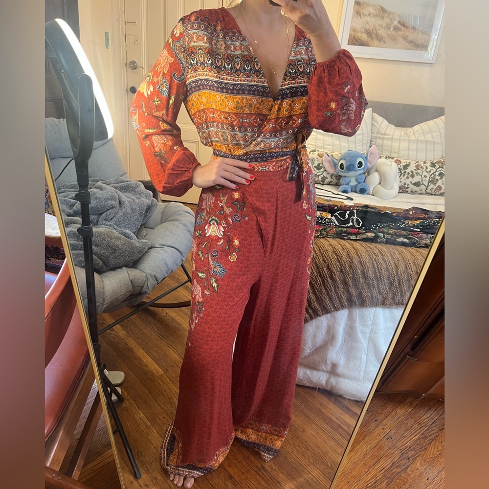 Anthropologie Burgundy Floral Wide-Leg Jumpsuit